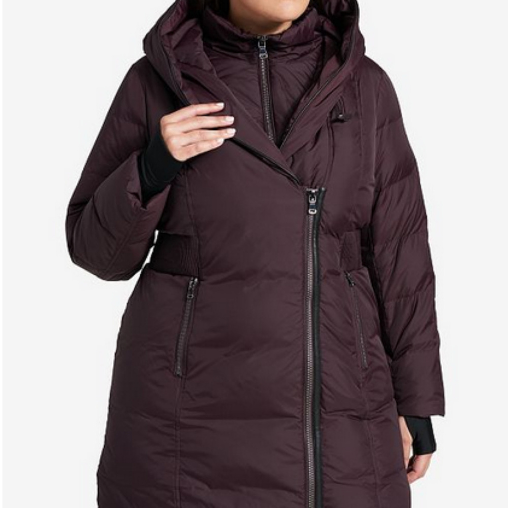 DKNY Plus Asymmetrical Faux Leather Trim Puff Coat